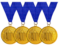 four gold medals with blue ribbons