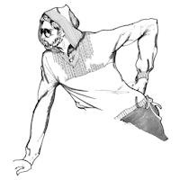 a black and white drawing of a man in a hoodie