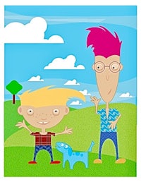 a cartoon of a boy and a girl standing in a field