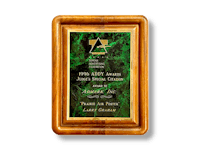 a wooden plaque with green marble on it