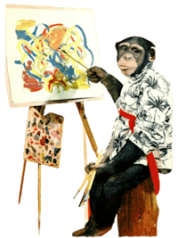 a chimpanzee painting on an easel
