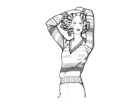 a black and white drawing of a woman in a sweater