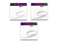 three pieces of paper with a purple and green design