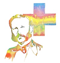 a watercolor painting of a man with a cross in front of him
