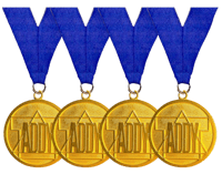 four gold medals with blue ribbons