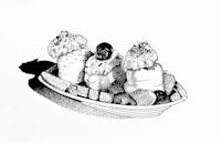 a black and white drawing of desserts on a plate