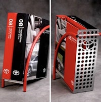 a toyota magazine holder with a red and black design