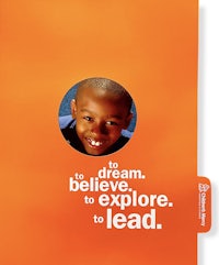 a photo of a young boy with the words to dream believe explore lead