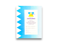 a blue and white certificate with the word excellence on it