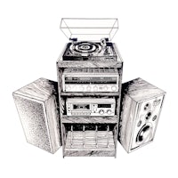 a drawing of a turntable and speakers