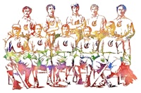 a watercolor painting of a group of baseball players